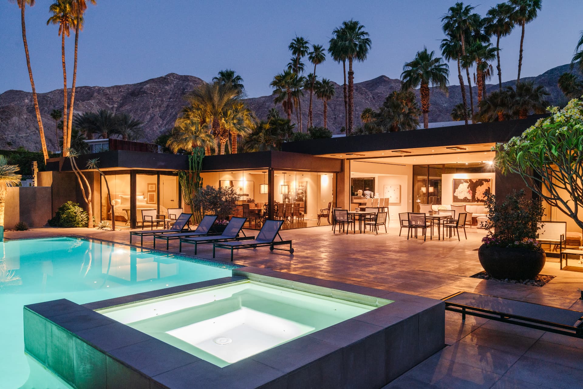 Pool, outdoor living area and mountains at 70257 Calico in Rancho Mirage